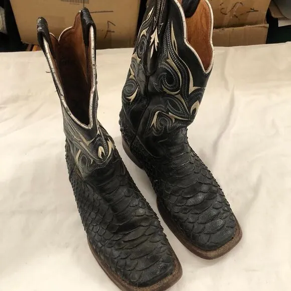 Rancho Grande Python Exotic Black leather cowboy western boots white square toe