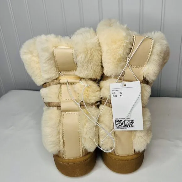 RARE H&amp;M Faux fur Icon Snow Boots Sz 10 Lace Up Soft Biege Boho Soft Fluffy