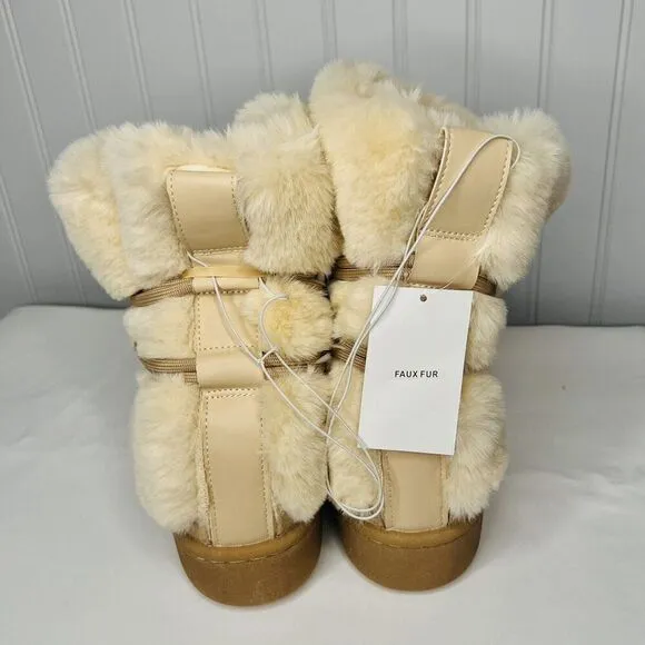 RARE H&amp;M Faux fur Icon Snow Boots Sz 10 Lace Up Soft Biege Boho Soft Fluffy