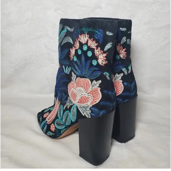 Rebecca Minkoff  Black Floral  Embroidered Peep Toe  Boots
