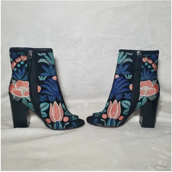Rebecca Minkoff  Black Floral  Embroidered Peep Toe  Boots