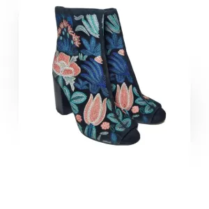 Rebecca Minkoff  Black Floral  Embroidered Peep Toe  Boots
