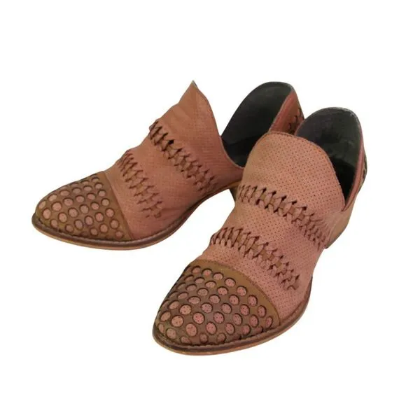 Rebels PERFORATED BROWN REAL LEATHER ROUND TOE LOW HEEL SLIP ON LOAFER SHOES 8M