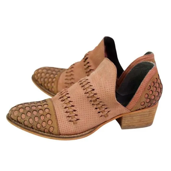 Rebels PERFORATED BROWN REAL LEATHER ROUND TOE LOW HEEL SLIP ON LOAFER SHOES 8M