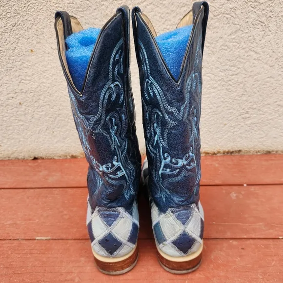 RED DIAMOND Men’s Cowboy Boots 8.5 Blue Ostrich Leather Embroidered Western