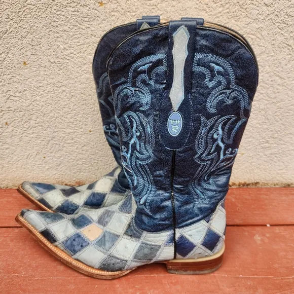 RED DIAMOND Men’s Cowboy Boots 8.5 Blue Ostrich Leather Embroidered Western