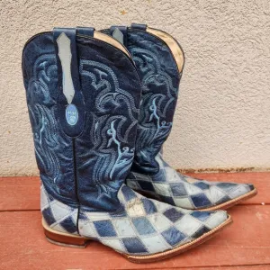 RED DIAMOND Men’s Cowboy Boots 8.5 Blue Ostrich Leather Embroidered Western
