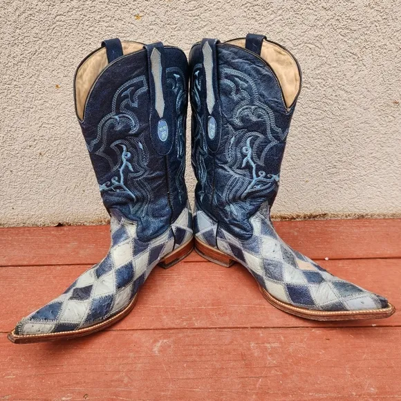 RED DIAMOND Men’s Cowboy Boots 8.5 Blue Ostrich Leather Embroidered Western