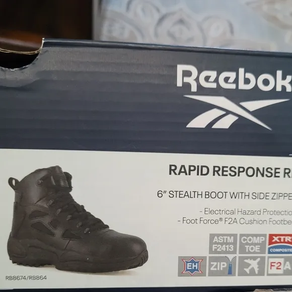Reebok Rapid Response RB864 Safety Toe 6” Leather Stealth Boot w/ Side Zipper