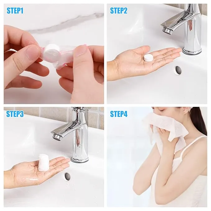 RETON 100 PCS Compressed Towels, Portable Compressed Towel Tablets, Mini Cotton Coin Tissue Disposable Compressed Face Towel, Travel Washcloth Toilet Paper Tablets for Travel Home Camping Outdoor