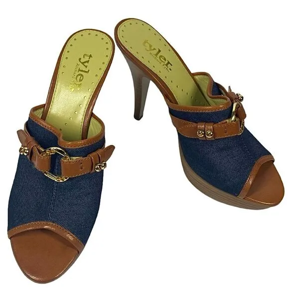 Richard Tyler Wriggle Women’s Blue Denim Brown Slip On Platform Heels Size 9 M