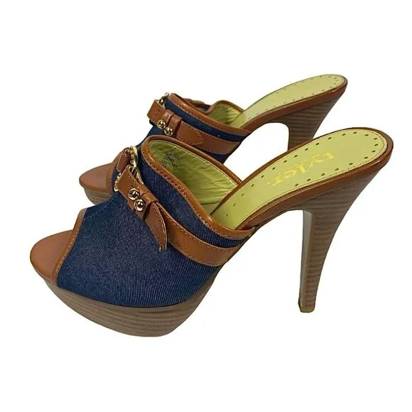 Richard Tyler Wriggle Women’s Blue Denim Brown Slip On Platform Heels Size 9 M