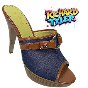 Richard Tyler Wriggle Women’s Blue Denim Brown Slip On Platform Heels Size 9 M