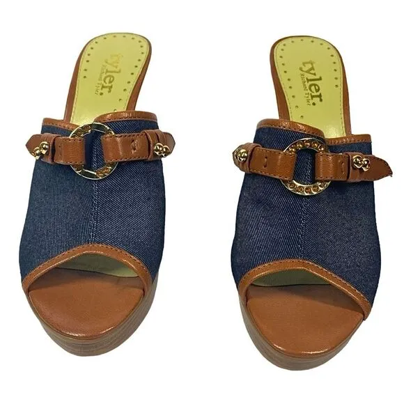 Richard Tyler Wriggle Women’s Blue Denim Brown Slip On Platform Heels Size 9 M