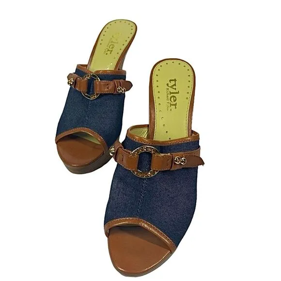 Richard Tyler Wriggle Women’s Blue Denim Brown Slip On Platform Heels Size 9 M