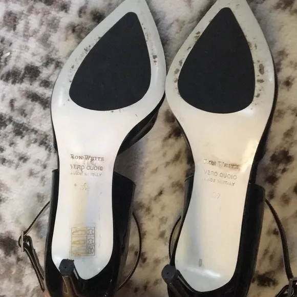 RON WHITE Heel.  Patent Leather. Cross straps. Steel gray to black. Size 39