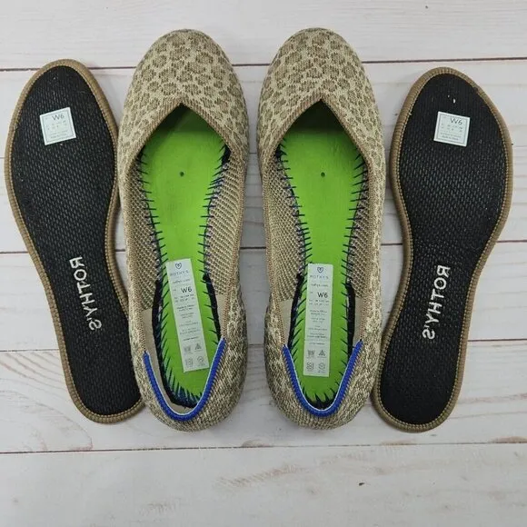 Rothys‎ The Flat Womens 6 Tan Brown Spotted Leopard Slip On Ballet Flats Shoes