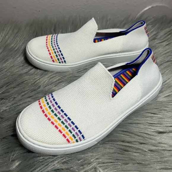 Rothys The Kids Sneaker Youth Kids White Rainbow Accents Slip On Shoes Size 2