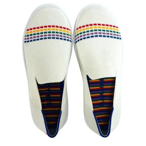 Rothys The Kids Sneaker Youth Kids White Rainbow Accents Slip On Shoes Size 2