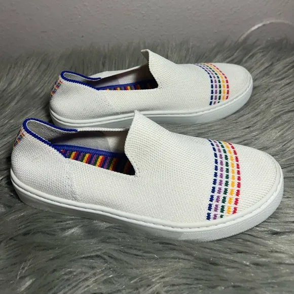 Rothys The Kids Sneaker Youth Kids White Rainbow Accents Slip On Shoes Size 2