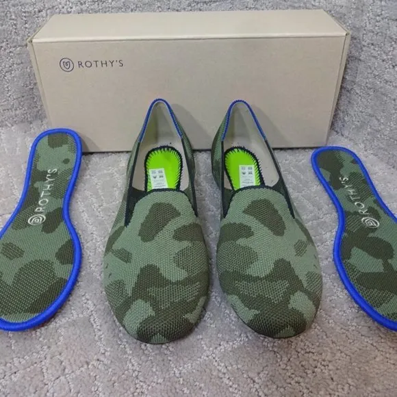 Rothys The Loafer Olive Camo Round Toe Slip On Flat Shoes Womens Multiple Sizes