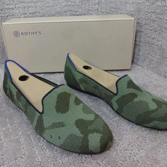 Rothys The Loafer Olive Camo Round Toe Slip On Flat Shoes Womens Multiple Sizes