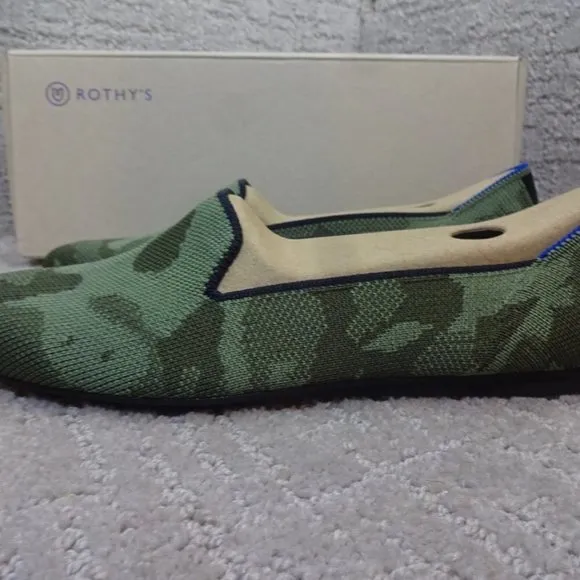 Rothys The Loafer Olive Camo Round Toe Slip On Flat Shoes Womens Multiple Sizes