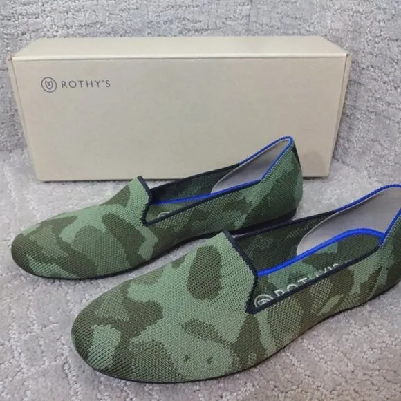 Rothys The Loafer Olive Camo Round Toe Slip On Flat Shoes Womens Multiple Sizes