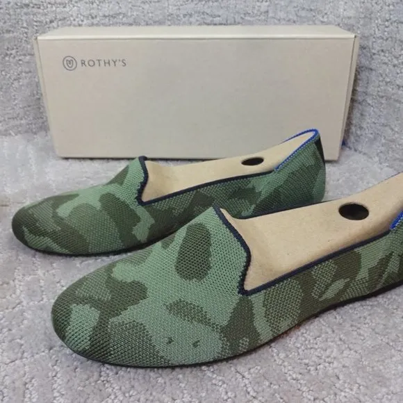 Rothys The Loafer Olive Camo Round Toe Slip On Flat Shoes Womens Multiple Sizes