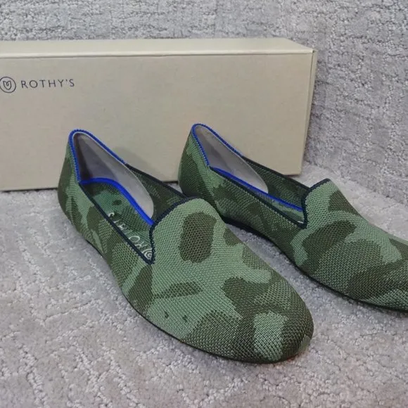 Rothys The Loafer Olive Camo Round Toe Slip On Flat Shoes Womens Multiple Sizes