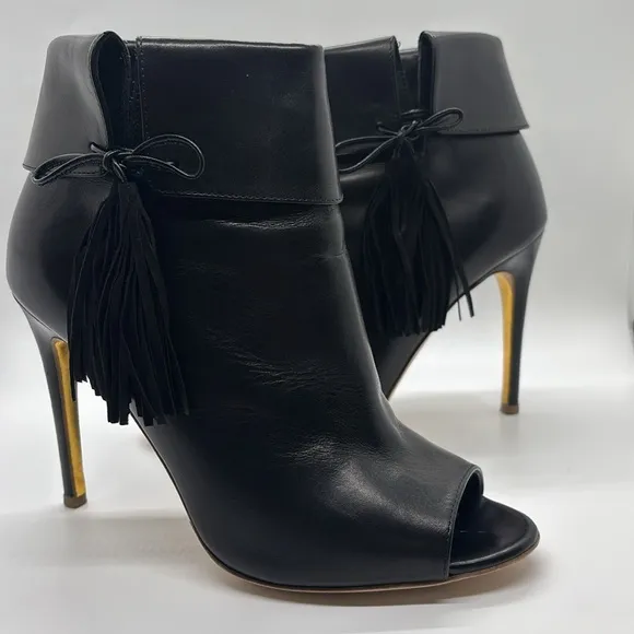 Rupert Sanderson Black Leather Stiletto boots w/Tassels and Peep Toe Sz 36 1/2