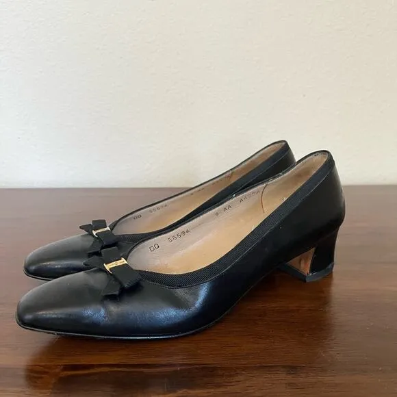 Salvatore Ferragamo Classic Bow Square Toe Black Leather Heels Old Money