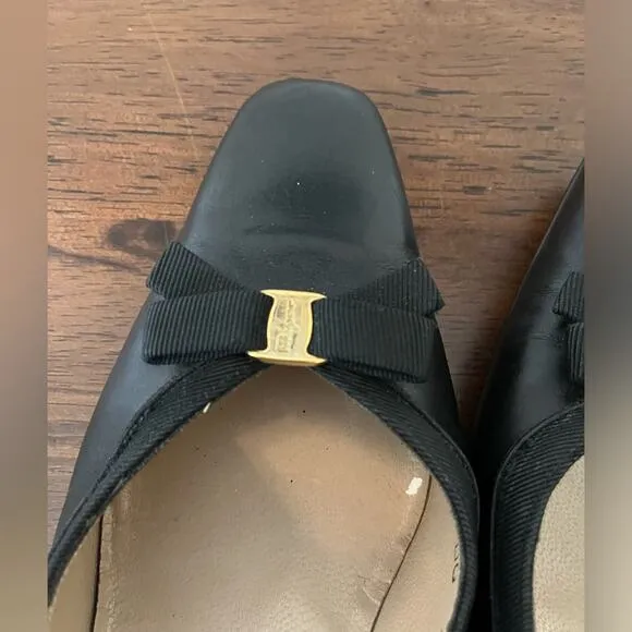 Salvatore Ferragamo Classic Bow Square Toe Black Leather Heels Old Money