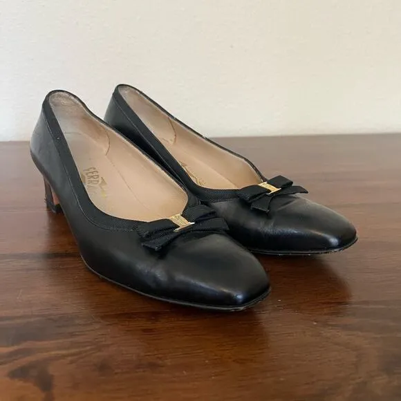 Salvatore Ferragamo Classic Bow Square Toe Black Leather Heels Old Money