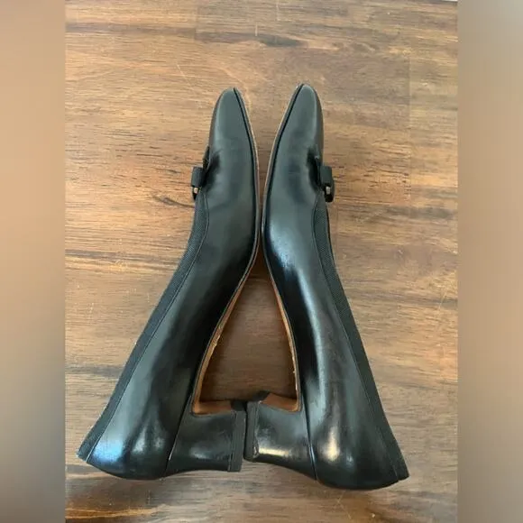 Salvatore Ferragamo Classic Bow Square Toe Black Leather Heels Old Money