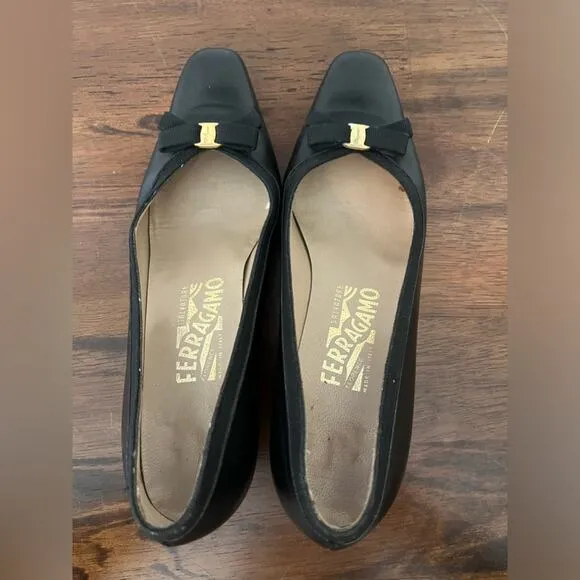 Salvatore Ferragamo Classic Bow Square Toe Black Leather Heels Old Money
