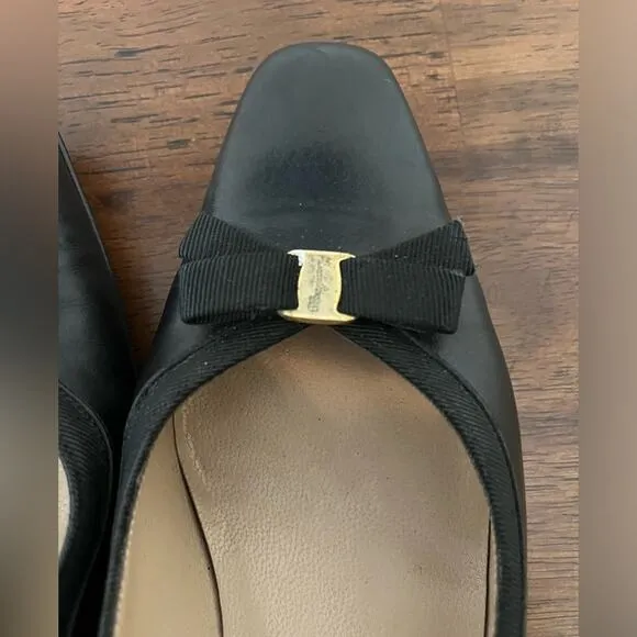 Salvatore Ferragamo Classic Bow Square Toe Black Leather Heels Old Money