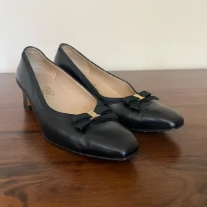 Salvatore Ferragamo Classic Bow Square Toe Black Leather Heels Old Money
