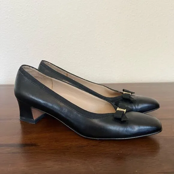 Salvatore Ferragamo Classic Bow Square Toe Black Leather Heels Old Money