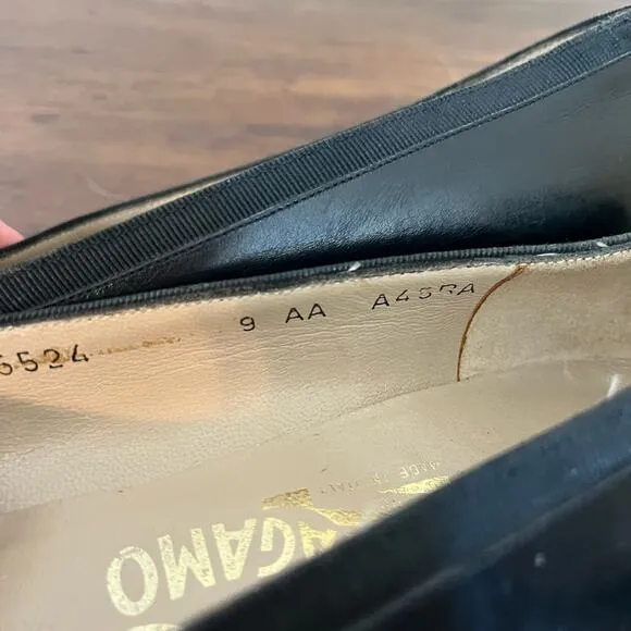Salvatore Ferragamo Classic Bow Square Toe Black Leather Heels Old Money