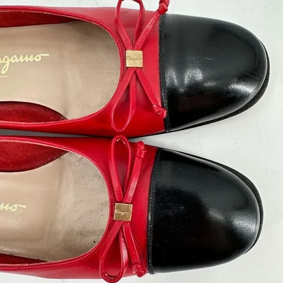 Salvatore Ferragamo Red Leather Cap Toe Bow Block Heel Vintage 6.5 Heel Shoes