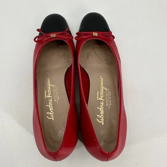 Salvatore Ferragamo Red Leather Cap Toe Bow Block Heel Vintage 6.5 Heel Shoes