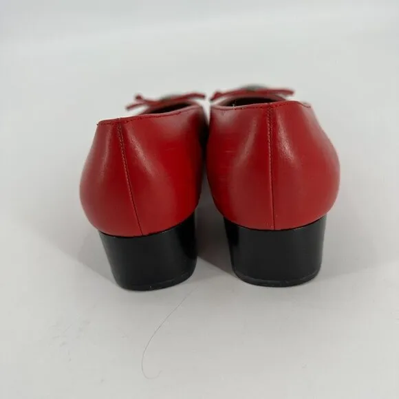 Salvatore Ferragamo Red Leather Cap Toe Bow Block Heel Vintage 6.5 Heel Shoes