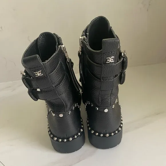Sam Edelman Black Jennifer Boots Studded Combat Moto Biker Leather Women’s Sz 6M