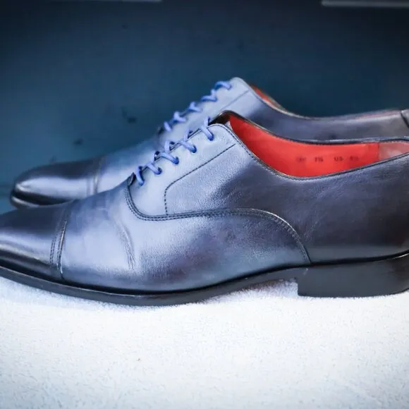 Santoni 8-5.M Black and Blue Oxford Cap Toe Mens Dress Shoes