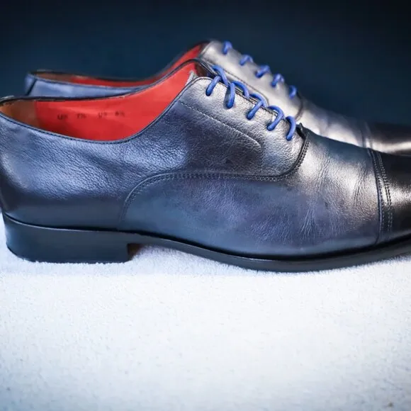 Santoni 8-5.M Black and Blue Oxford Cap Toe Mens Dress Shoes