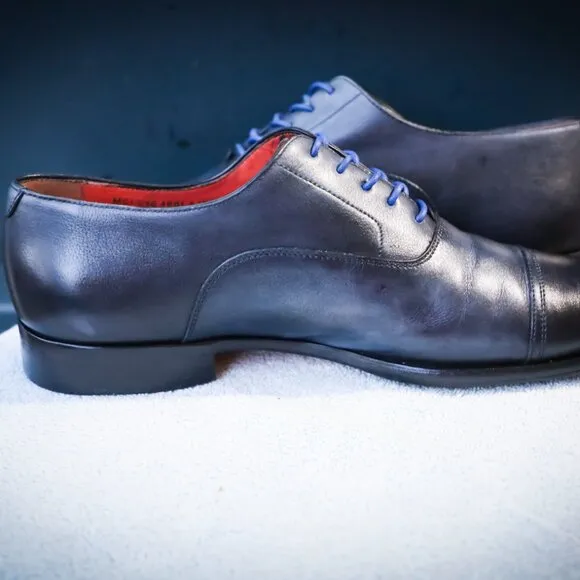Santoni 8-5.M Black and Blue Oxford Cap Toe Mens Dress Shoes
