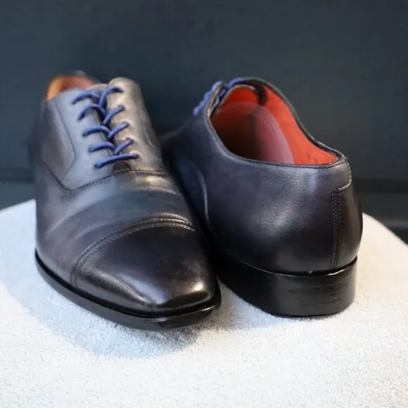 Santoni 8-5.M Black and Blue Oxford Cap Toe Mens Dress Shoes