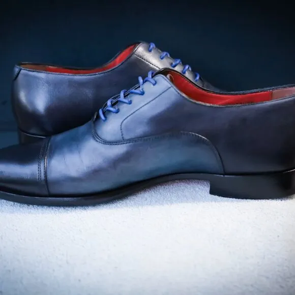 Santoni 8-5.M Black and Blue Oxford Cap Toe Mens Dress Shoes