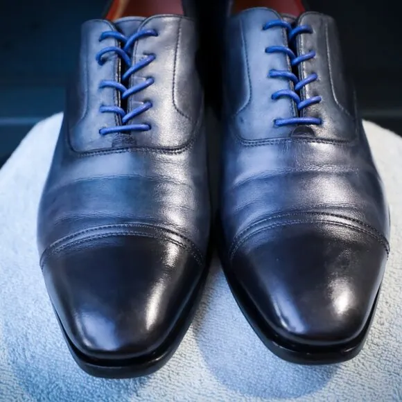 Santoni 8-5.M Black and Blue Oxford Cap Toe Mens Dress Shoes